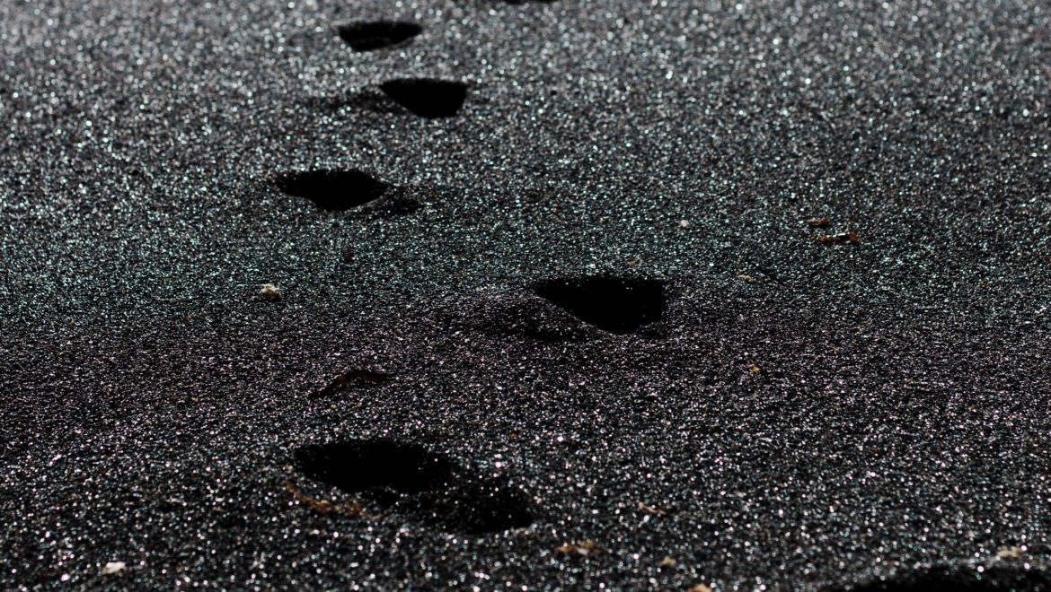 Footprints on black sand