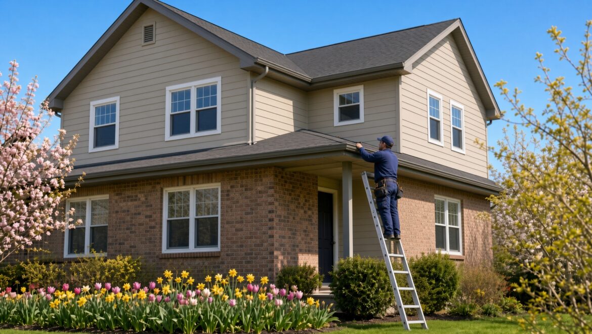 Man on ladder against house