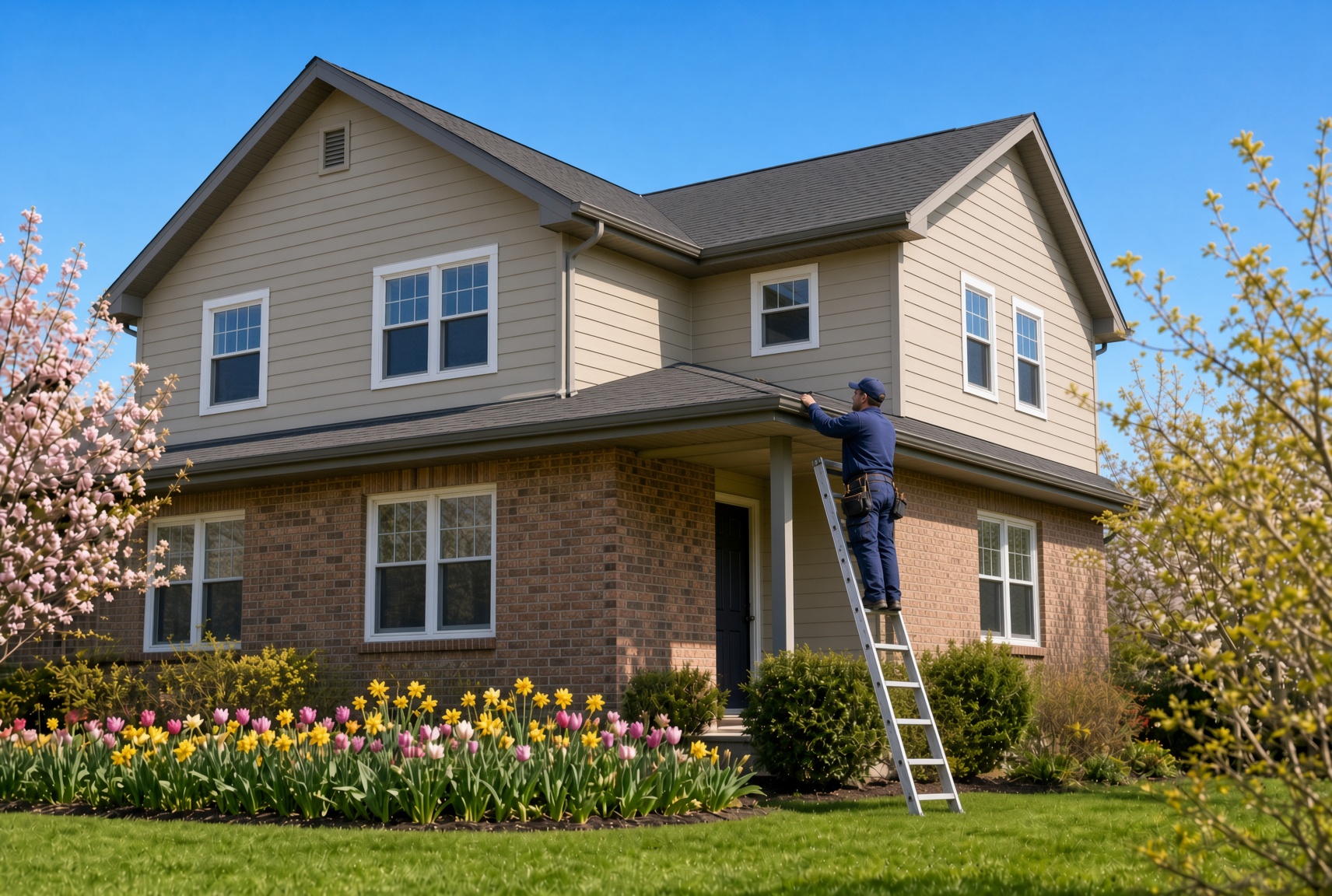 Man on ladder against house