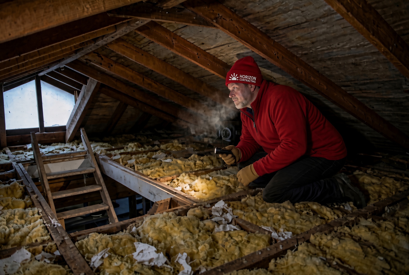 Man in attic surrounded by insulation