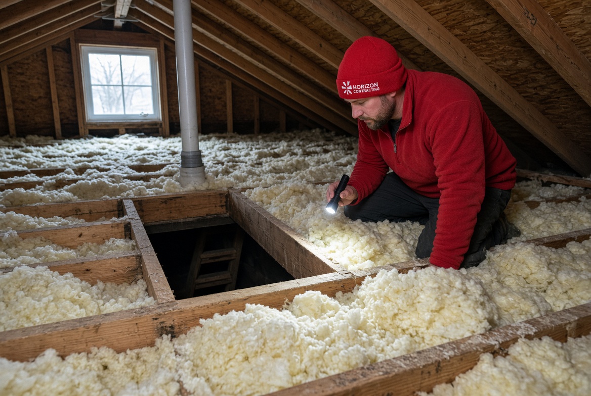 man in attic holding flashflight